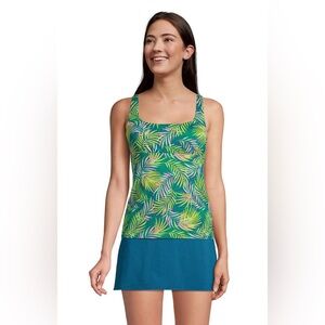 LANDS’ END 10D Square Neck Tankini Swimsuit Top Baltic Teal Palm Pattern Green